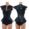 Zipper Front Ruffle Rump Romper in Black Holographic - 1
