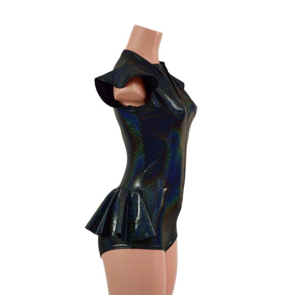 Zipper Front Ruffle Rump Romper in Black Holographic - Coquetry Clothing
