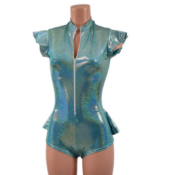 Zipper Front Ruffle Rump Romper in Seafoam - Coquetry Clothing