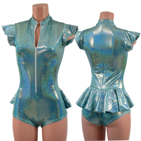 Zipper Front Ruffle Rump Romper in Seafoam - Coquetry Clothing