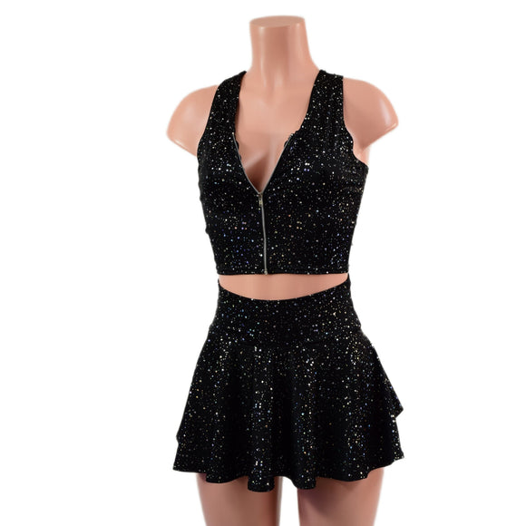 Zipper Front Star Noir Crop Top and Circle Cut Skirt Set - Coquetry Clothing
