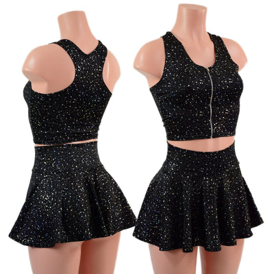 Zipper Front Star Noir Crop Top and Circle Cut Skirt Set - Coquetry Clothing