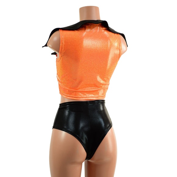 Zippered Crop Vest with Bolts and Showtime Collar and Brazilian Shorts Set - Coquetry Clothing