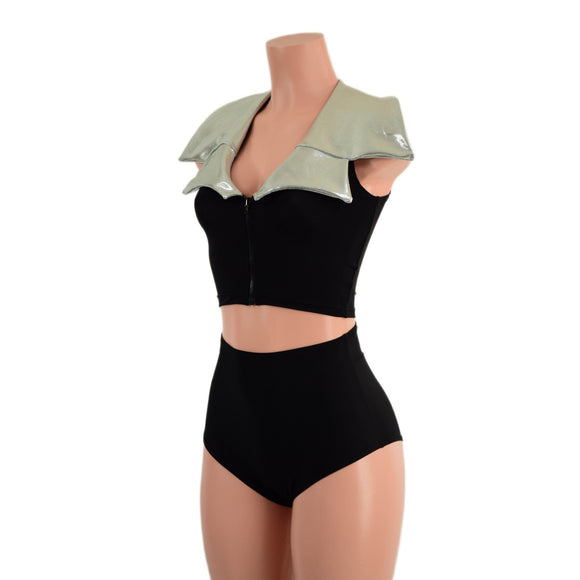 Zippered Crop Vest with Showtime Collar and Siren High Waist Shorts Set - Coquetry Clothing