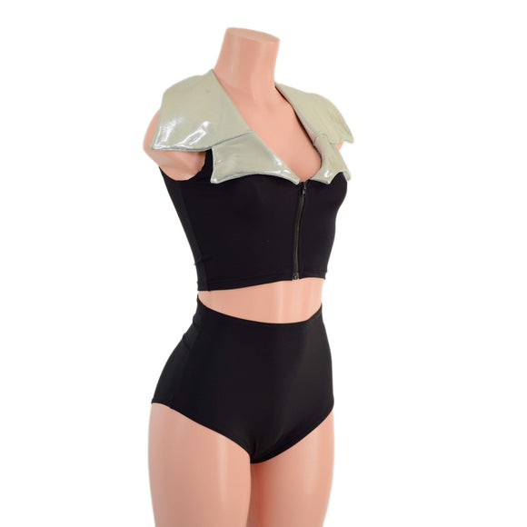 Zippered Crop Vest with Showtime Collar and Siren High Waist Shorts Set - Coquetry Clothing