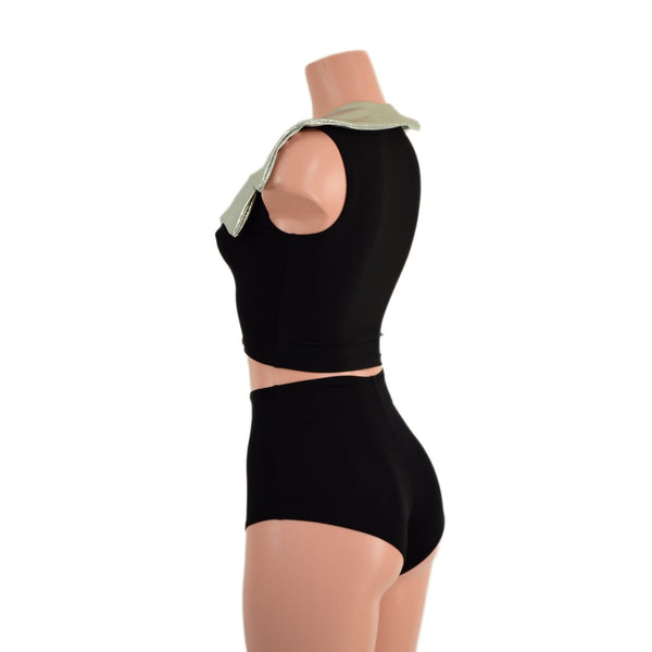 Zippered Crop Vest with Showtime Collar and Siren High Waist Shorts Set - 5