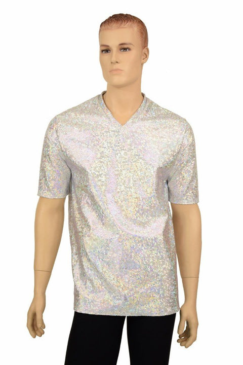 Silvery White Holographic V Neck Shirt - Coquetry Clothing