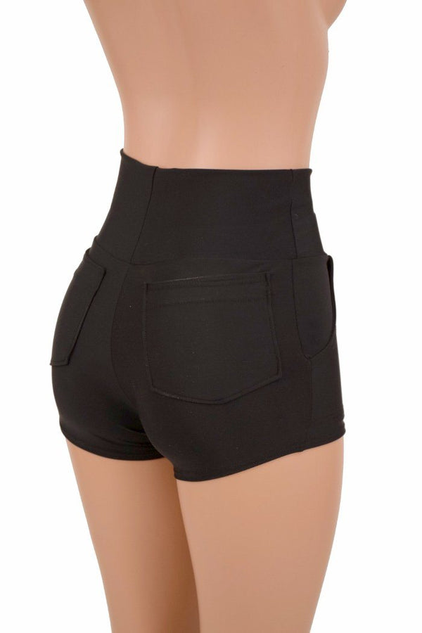 Black High Waist Shorts with Pockets - 2