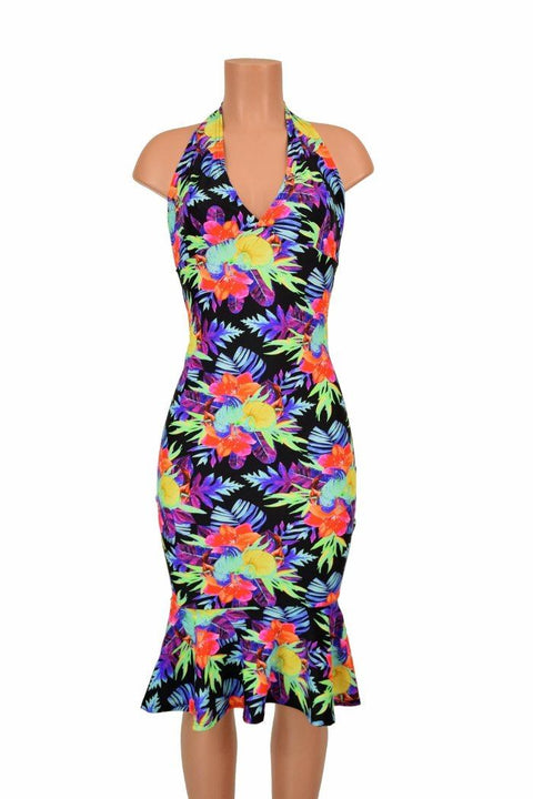 Sonic Bloom Ruffled Halter Wiggle Dress - Coquetry Clothing