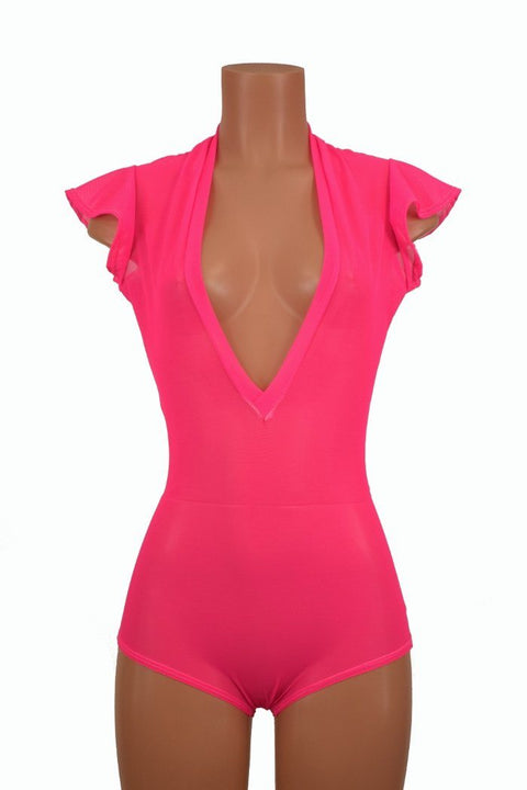 Pink Mesh Plunging V Neck Romper - Coquetry Clothing