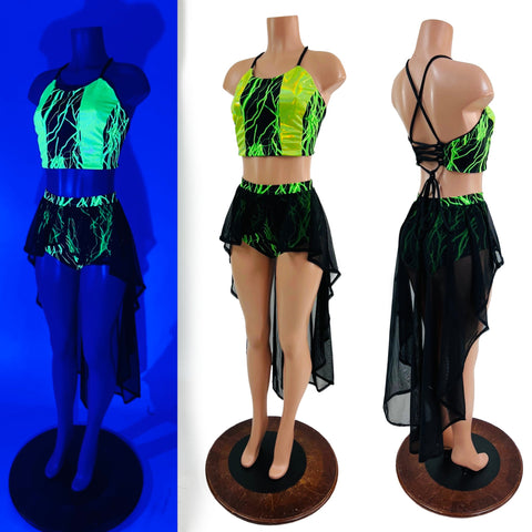 Neon Strappy Back Halter and Siren Shorts with Mesh Hi Lo Attached Skirt - Coquetry Clothing