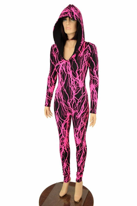 Neon Pink Lightning Hooded Catsuit - Coquetry Clothing