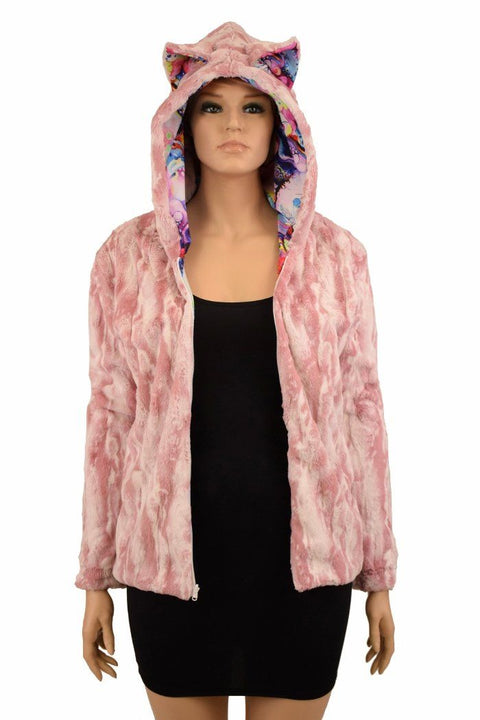 Rosewater Minky Faux Fur Long Jacket with Kitty Ears - Coquetry Clothing