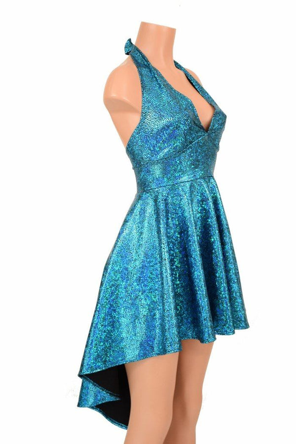 Turquoise Shattered Glass Hi Lo Halter Skater Dress - 4