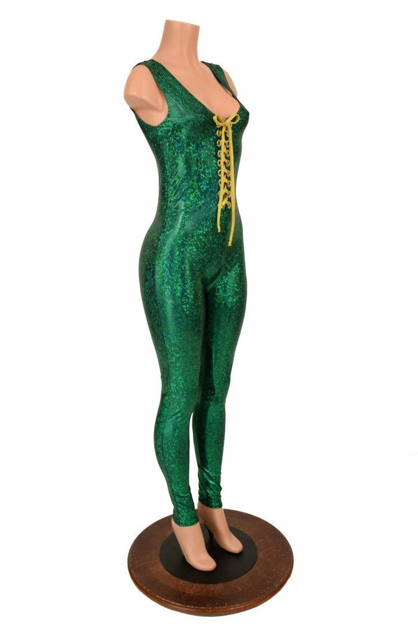 Lace Up Green Holographic Catsuit - 3