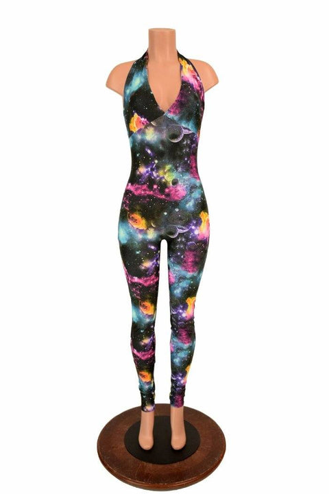 UV Glow Galaxy Print Halter Catsuit - Coquetry Clothing