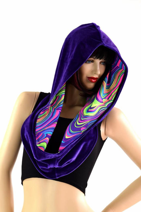 Purple Velvet & Glow Worm Reversible Infinity Festival Hood - Coquetry Clothing