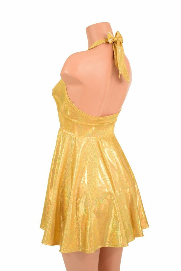 Gold Sparkly Halter Skater Dress - 5