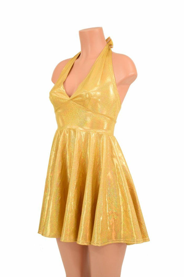 Gold Sparkly Halter Skater Dress - 1