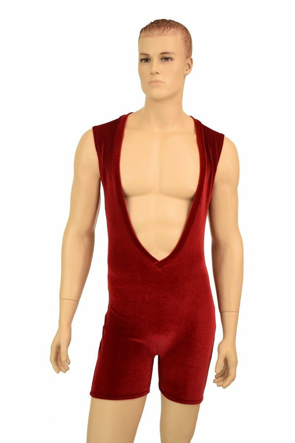 Mens Red Velvet Deep Bro V Romper - 2