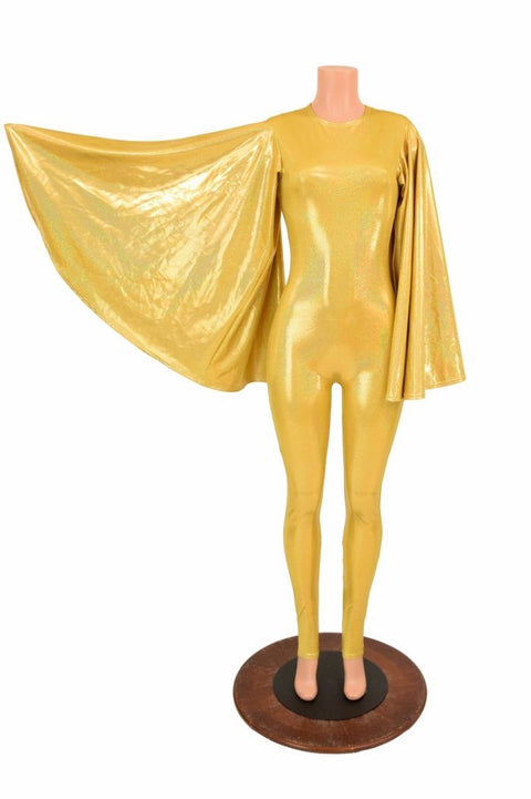 Gold Catsuit with Fan Sleeve Wings - Coquetry Clothing