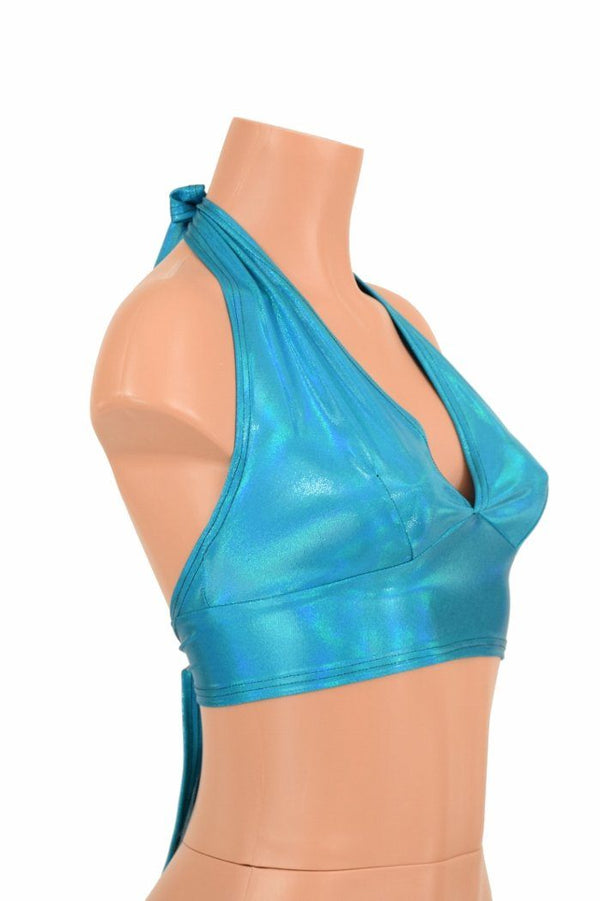 Darted Tie Back Halter in Peacock Holographic - 3