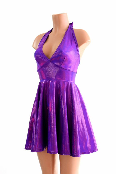 Grape Holographic Halter Skater Dress - Coquetry Clothing