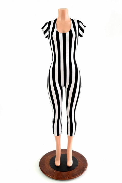 Black & White Stripe Capri Length Catsuit - Coquetry Clothing