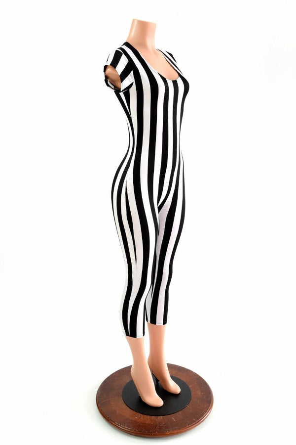 Black & White Stripe Capri Length Catsuit - 4