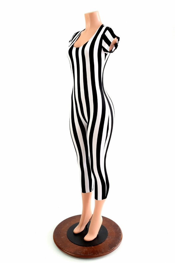 Black & White Stripe Capri Length Catsuit - 2