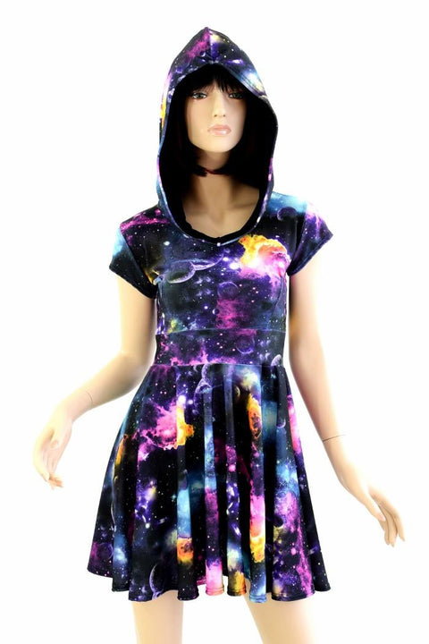 Cap Sleeve Galaxy Hooded Skater Dress - Coquetry Clothing