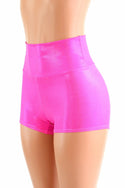 High Waist Neon Pink Holographic Shorts - 1