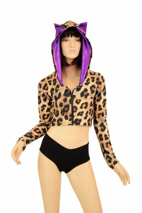 Leopard Cat Ear Zipper Front Crop Top - Coquetry Clothing