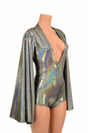 Plunging V Neck Silver Holographic Romper - 3