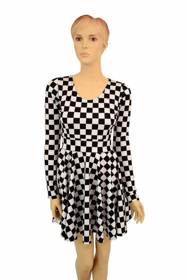 Long Sleeve Checkered Skater Dress - 5