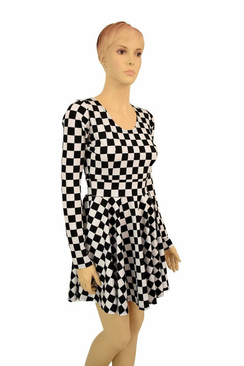 Long Sleeve Checkered Skater Dress - Coquetry Clothing