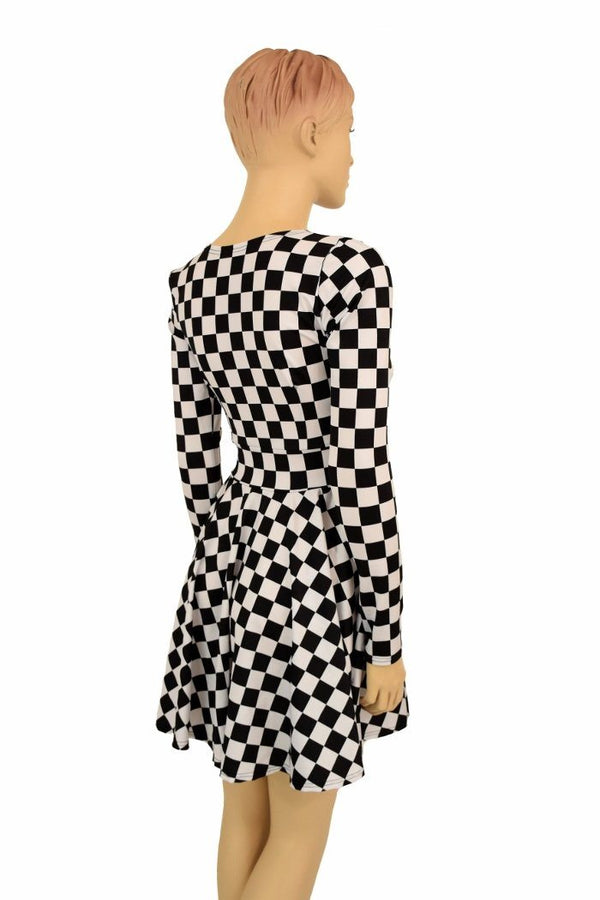 Long Sleeve Checkered Skater Dress - 4