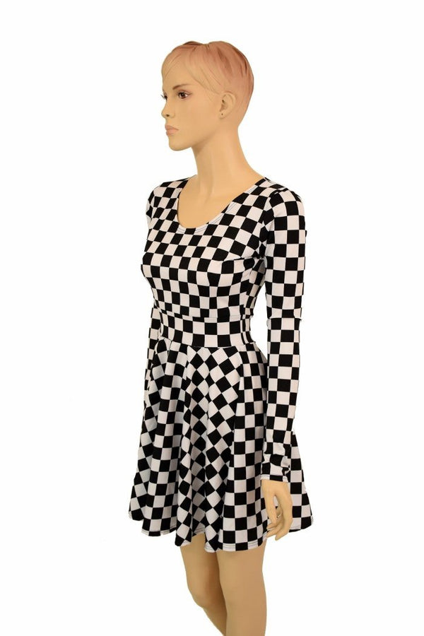 Long Sleeve Checkered Skater Dress - 2