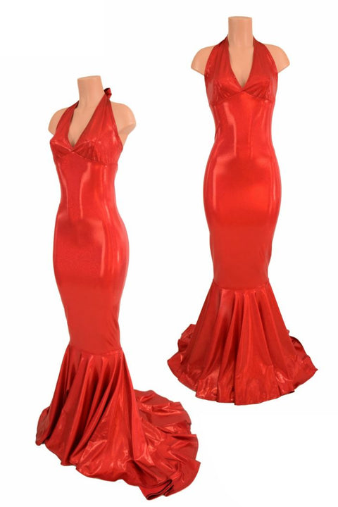 Red Sparkly Jewel Halter Gown - Coquetry Clothing