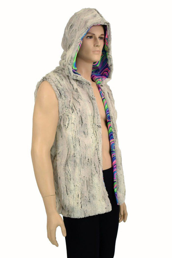 Mens Minky Faux Fur Hooded Vest - 3