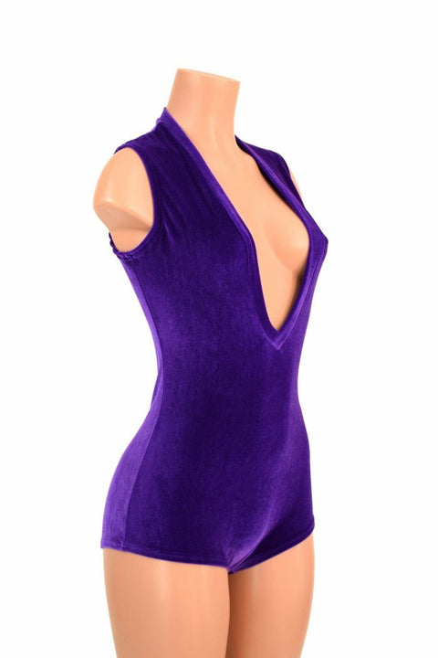 Ready to Ship Deep Plunge Purple Velvet Romper Medium - Coquetry Clothing