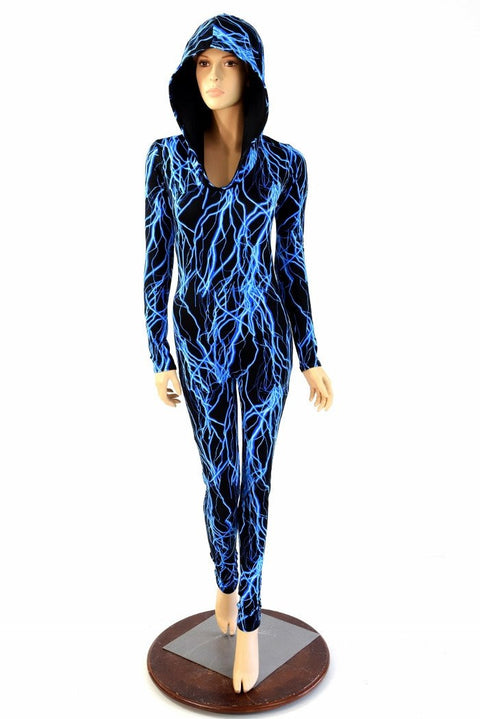 Neon Blue Lightning Hooded Catsuit - Coquetry Clothing