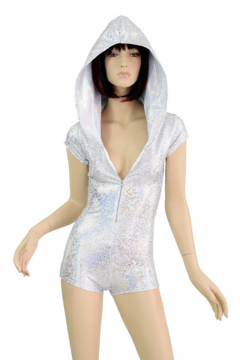 Silvery Zipper Front Hoodie Romper - Coquetry Clothing