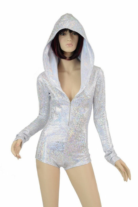 Silvery White Long Sleeve Hoodie Romper - Coquetry Clothing