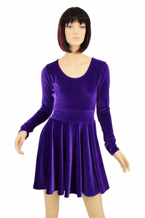 Purple Velvet Long Sleeve Skater Dress - Coquetry Clothing
