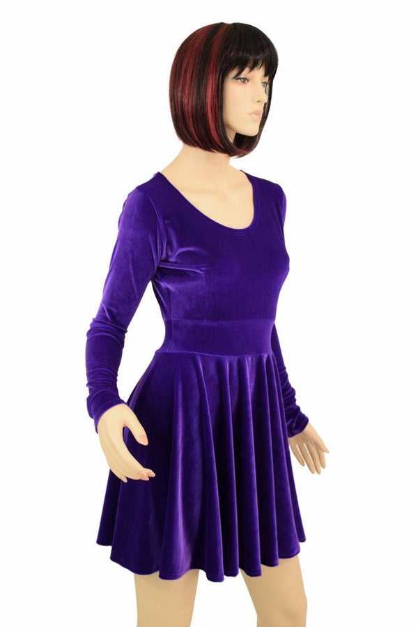 Purple Velvet Long Sleeve Skater Dress - 2
