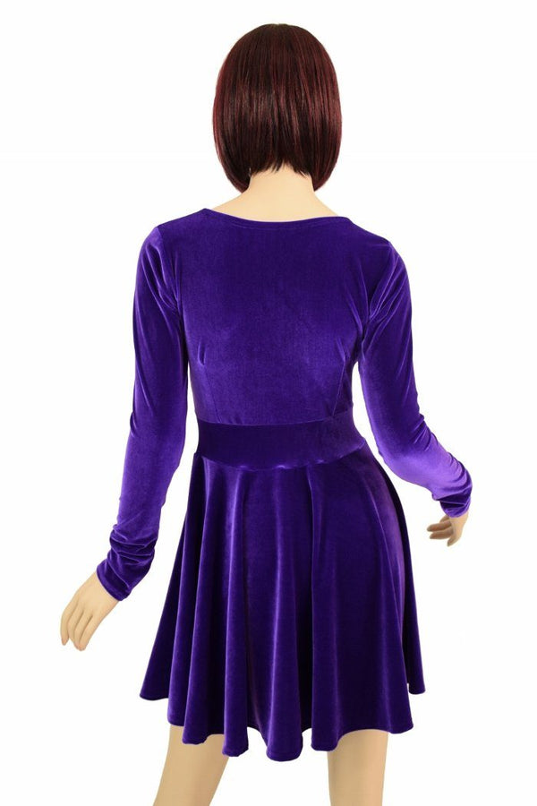 Purple Velvet Long Sleeve Skater Dress - 3