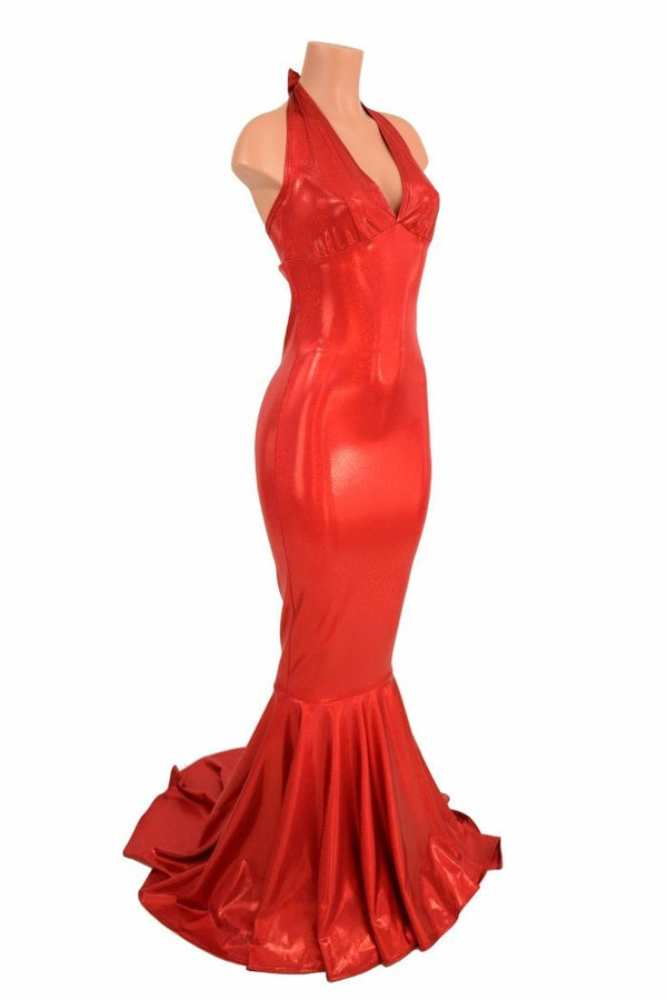 Red Sparkly Jewel Halter Gown - 4