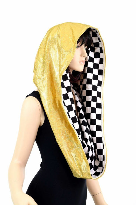 HUGE Black & White Checkered & Gold Kaleidoscope Festival Hood - Coquetry Clothing