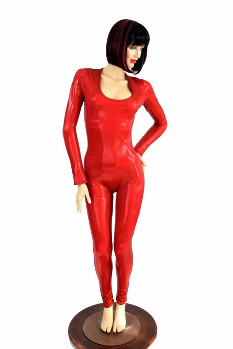 Red Sparkly Jewel Long Sleeve Catsuit - Coquetry Clothing